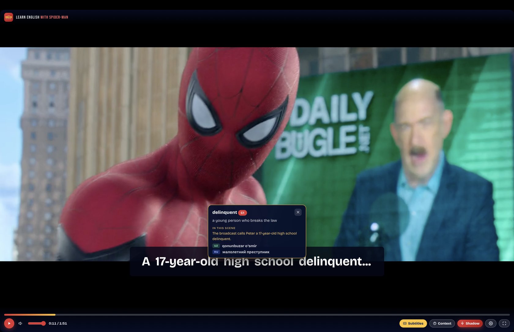 The course player: tappable subtitles with instant dictionary